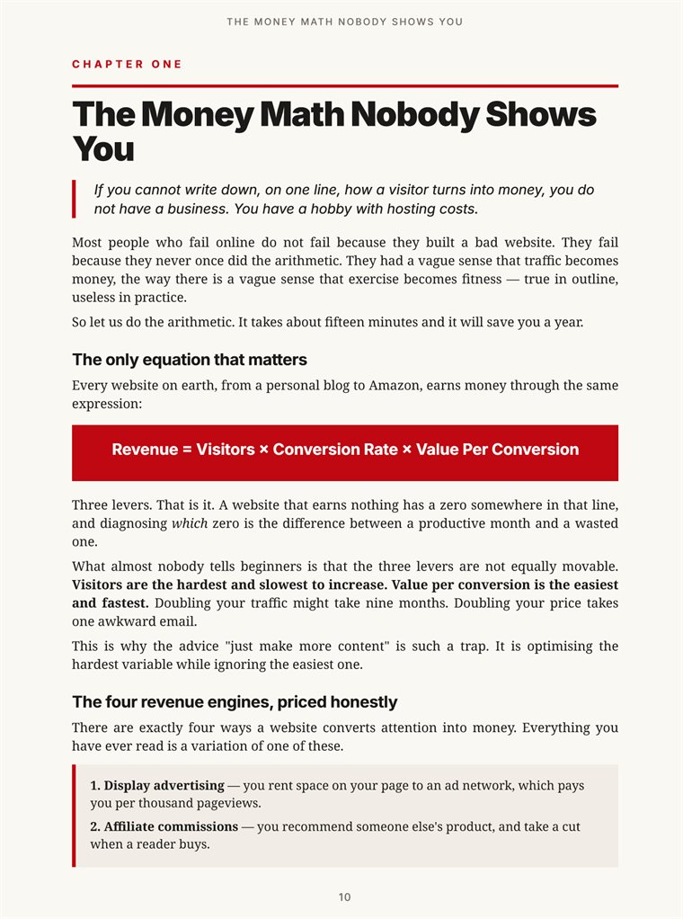Book page showing the revenue equation: Revenue equals Visitors times Conversion Rate times Value Per Conversion, followed by the four revenue engines.